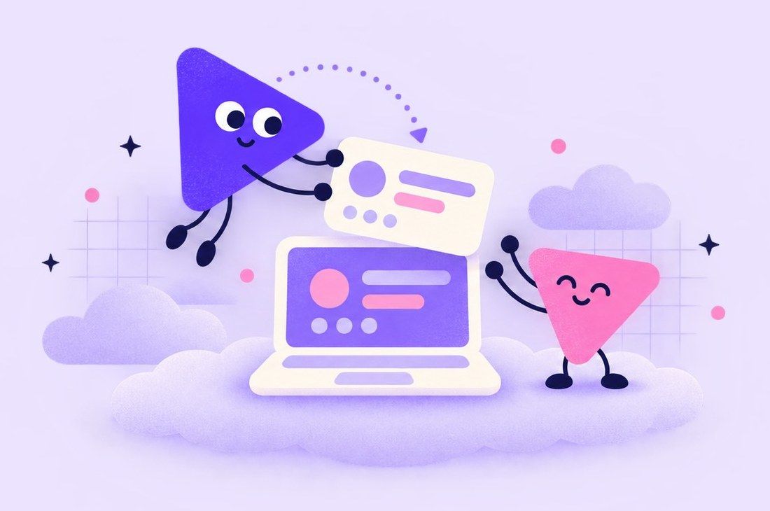Wing, the purple agent, carries an app window to a laptop above the clouds while Stroke waits to catch it