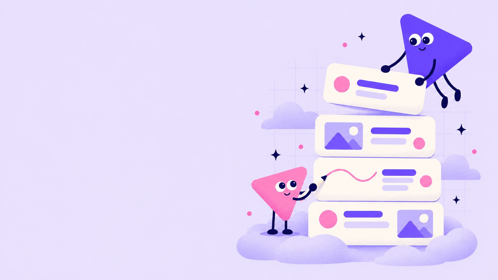 Wing, the purple agent, sets a UI card on a stack of panels while Stroke, the pink designer, draws a curve on the canvas