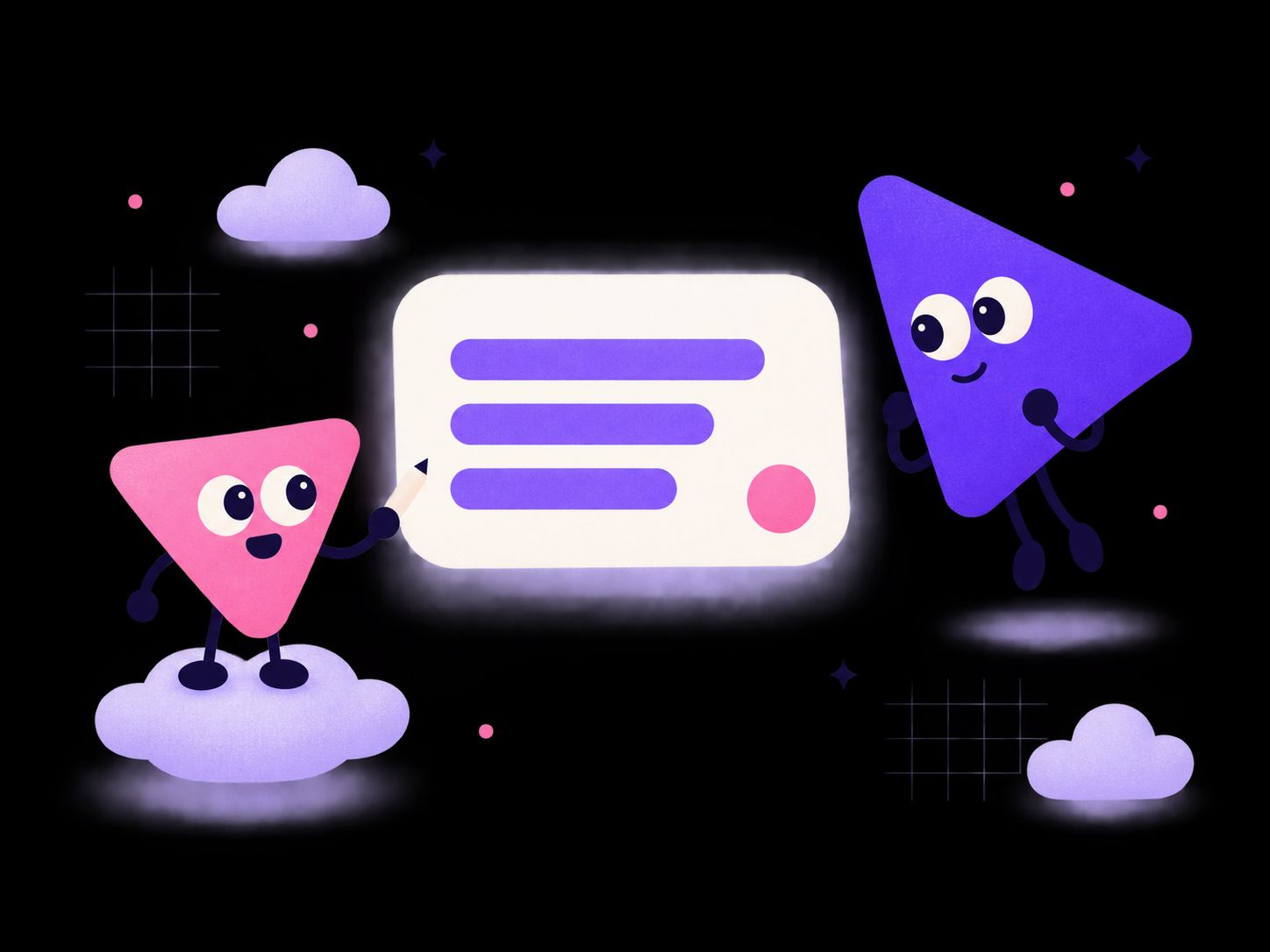 Stroke, the pink designer, writes a request into a chat bubble while Wing, the purple agent, listens