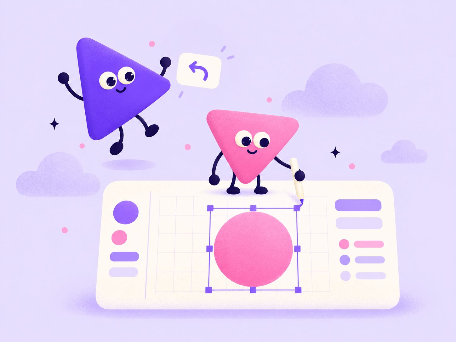 Stroke selects a shape with a pencil while Wing cheers next to an undo card